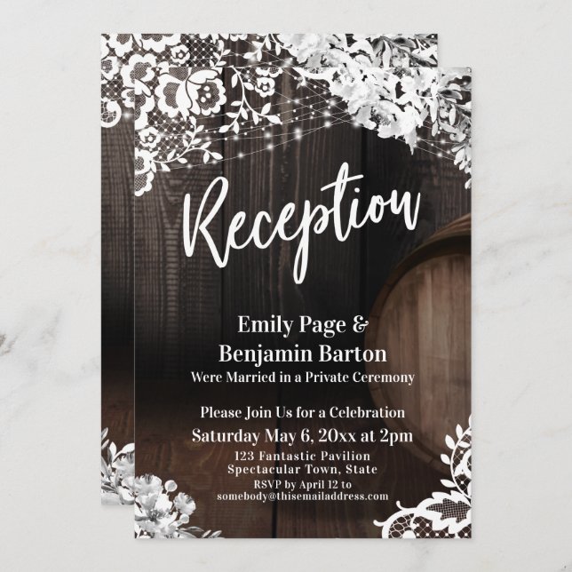 Wedding Reception Wood Barrel Lace Lights Flowers Invitation (Front/Back)