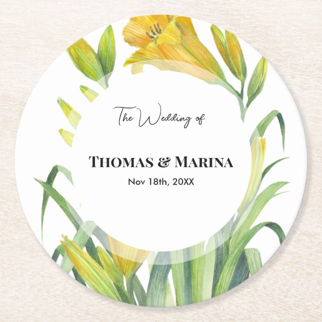 Wedding Reception Yellow Day Lilies Round Paper Coaster (Front)
