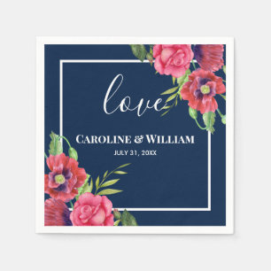 Wedding Red and Pink Flowers Dark Navy Blue Napkin