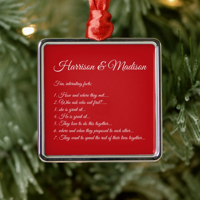 Wedding red Couple Fun Facts Custom Script names  Metal Ornament (Tree)