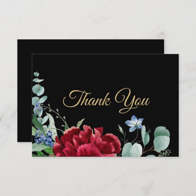 Wedding Red Flower Green Leaves Golden Frame Black Thank You Card (Front/Back)