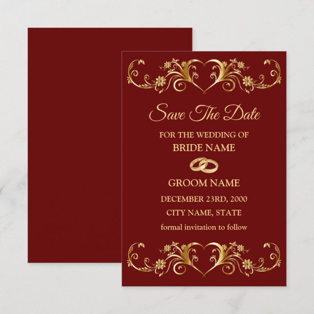 Wedding Red Golden Geometric Pattern Elegant Save The Date (Front/Back)