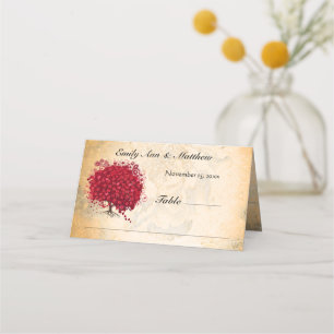 Wedding Red Heart Leaf Tree on Gold Rose Place Card