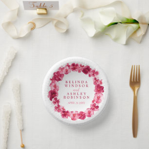 Wedding red pink watercolor pansy wreath custom paper plate
