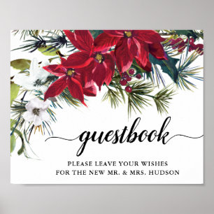 Wedding Red Poinsettia Floral Pine Guestbook Name