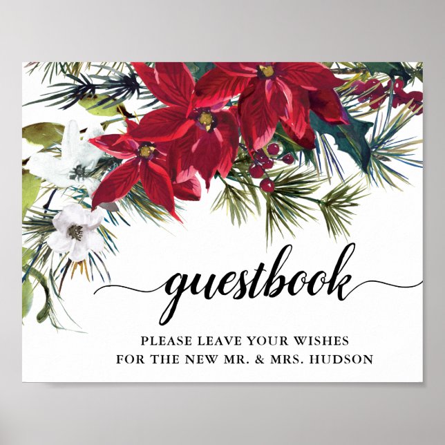 Wedding Red Poinsettia Floral Pine Guestbook Name (Front)