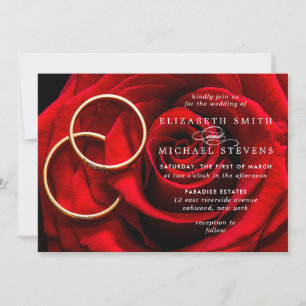 Wedding Red Rose Gold Rings Wedding Invitation