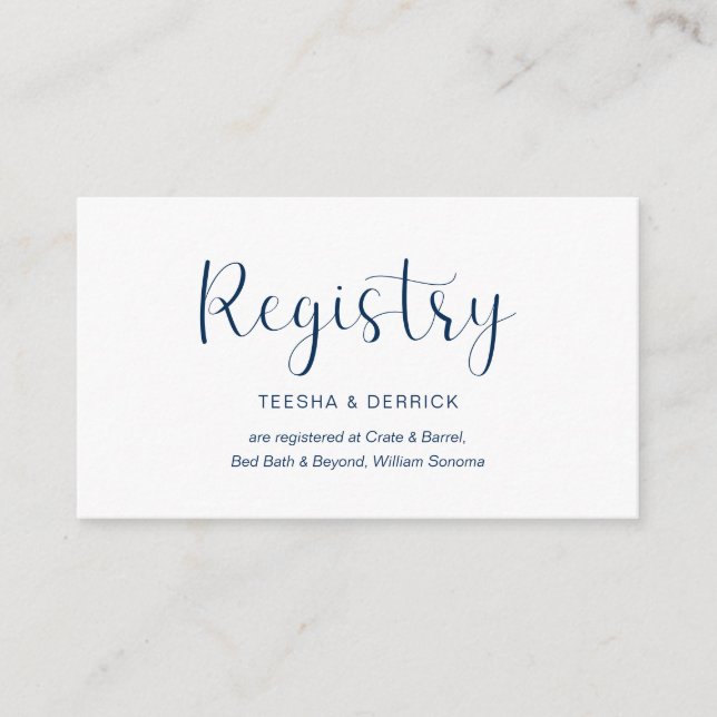 Wedding Registry, Minimal design, Navy blue font Enclosure Card (Front)