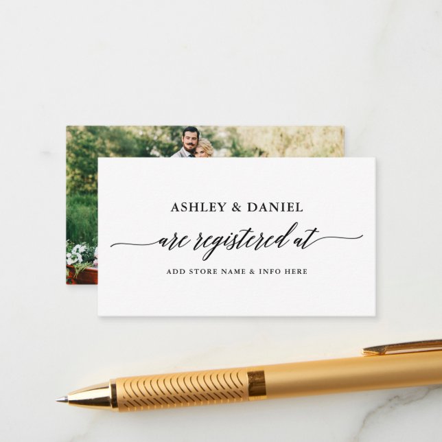 Wedding Registry Modern Elegant Calligraphy Photo Enclosure Card (Front/Back In Situ)