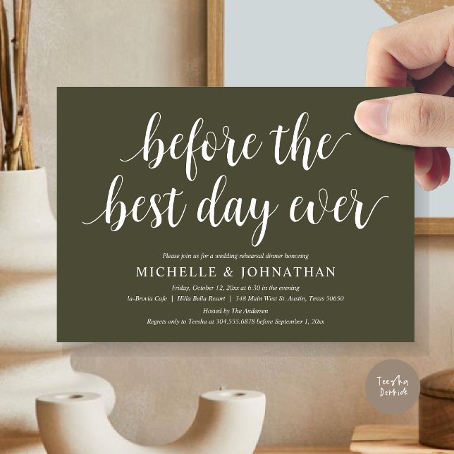 Wedding Rehearsal Dinner, Before The Best Day Ever Invitation (Before the best day ever, wedding rehearsal dinner invitation card, PDF, in Olive Green)
