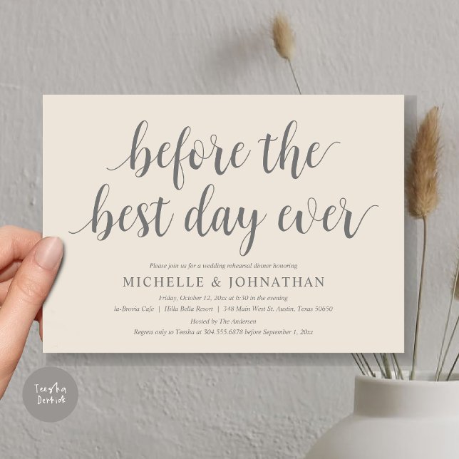 Wedding Rehearsal Dinner, Before The Best Day Ever Invitation (Before the best day ever, wedding rehearsal dinner invitation card, PDF, in Cream Grey)