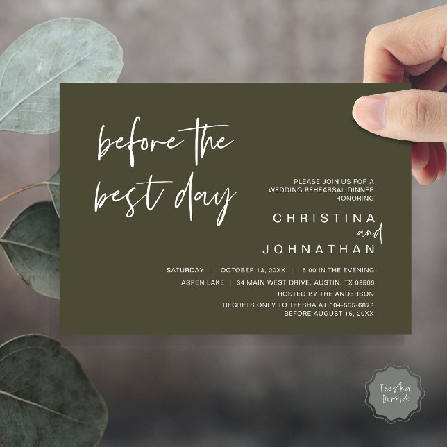 Wedding Rehearsal Dinner, Before the Best Day Invitation (Wedding Rehearsal Dinner, Lunch, Brunch, Before the Best Day Invitation Card, PDF, Olive Green)