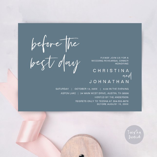 Wedding Rehearsal Dinner, Before the Best Day Invitation (Wedding Rehearsal Dinner, Lunch, Brunch, Before the Best Day Invitation Card, PDF, Dark Dusty Blue)