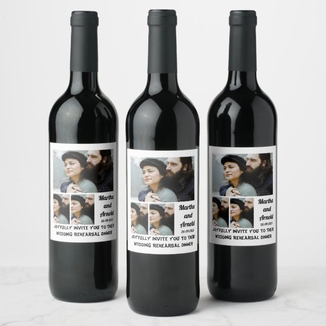 Wedding Rehearsal Dinner custom 3 Photo Collage  Wine Label (Bottles)