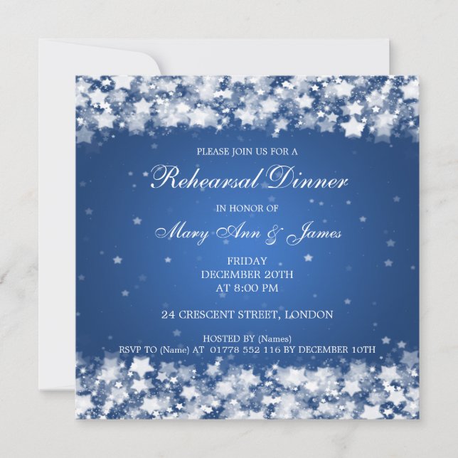 Wedding Rehearsal Dinner Dazzling Stars Blue Invitation (Front)