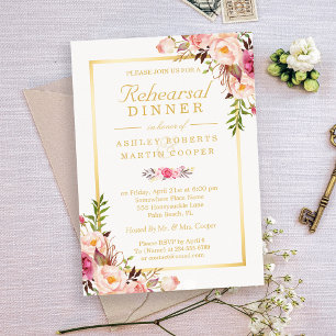 Wedding Rehearsal Dinner Elegant Chic Gold Floral Invitation