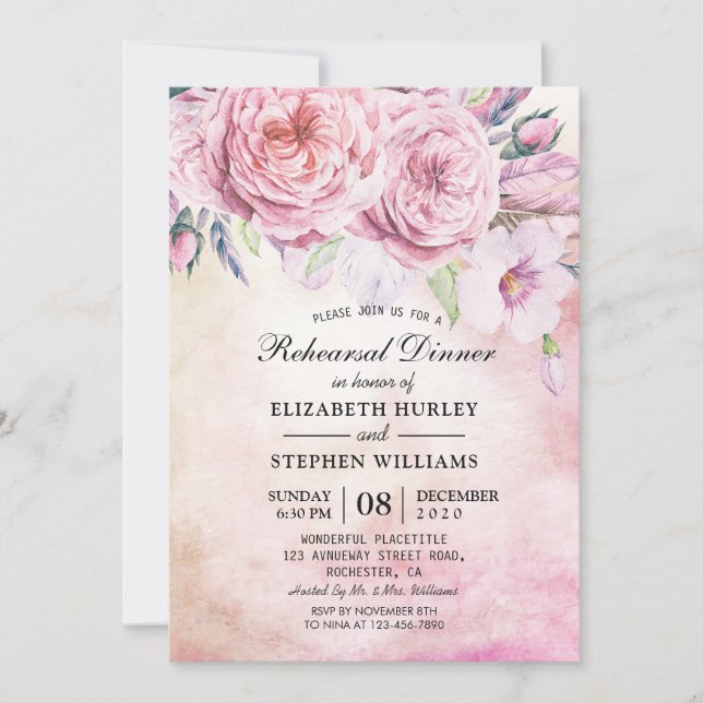 Wedding Rehearsal Dinner Elegant Watercolor Floral Invitation (Front)