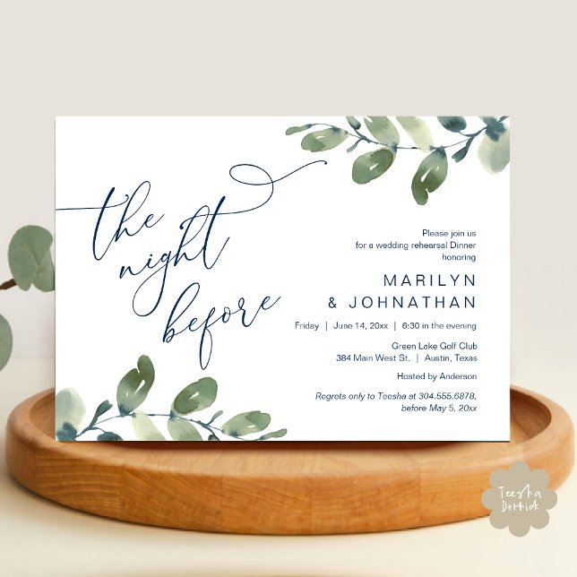 Wedding Rehearsal Dinner, Eucalyptus Greenery Invitation (The Night Before, Classy Wedding Rehearsal Dinner Invitation Card PDF Eucalyptus Navy Blue Greenery )