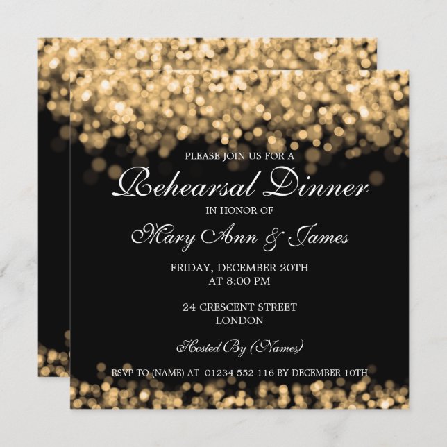 Wedding Rehearsal Dinner Gold Lights Invitation (Front/Back)