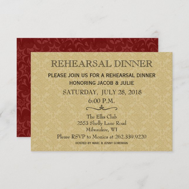 Wedding Rehearsal Dinner / Gold & Maroon Damask Invitation (Front/Back)