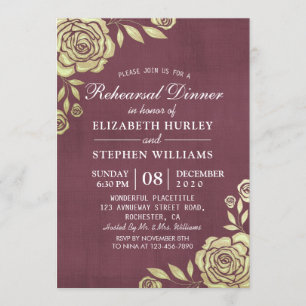 Wedding Rehearsal Dinner Golden Roses Burgundy Red Invitation