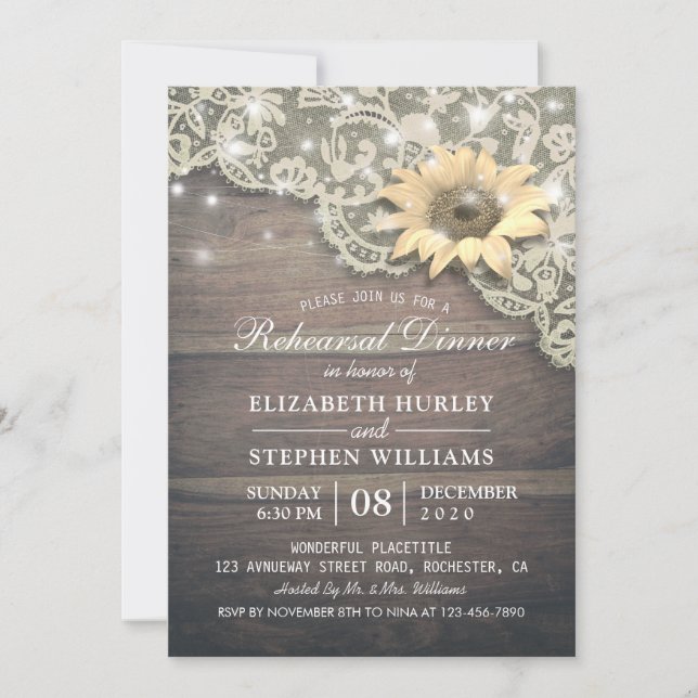 Wedding Rehearsal Dinner Lace Sunflower Wood Light Invitation (Front)