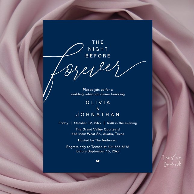 Wedding Rehearsal Dinner, Modern Elegant Script Invitation (Wedding Rehearsal Dinner, Modern Elegant Script Invitation Card in Navy Blue)