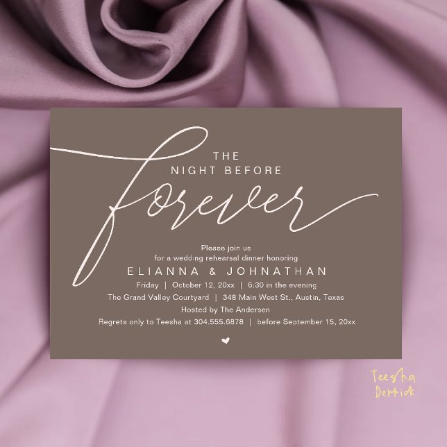 Wedding Rehearsal Dinner, Modern Elegant Script Invitation (The Night Before Forever, Wedding Rehearsal Dinner, Modern Elegant Invites Card in Taupe Blush)