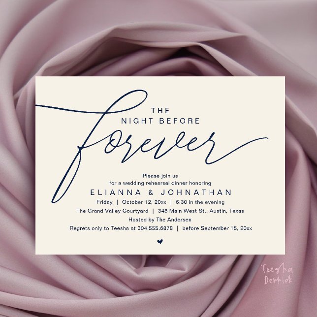Wedding Rehearsal Dinner, Modern Elegant Script Invitation (The Night Before Forever, Wedding Rehearsal Dinner, Modern Elegant Invites Card in Navy Blue Ivory)