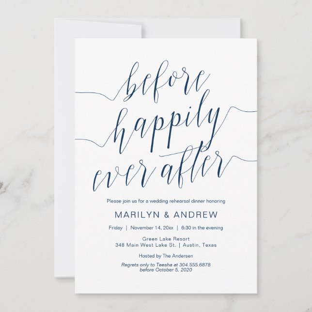 Wedding Rehearsal Dinner, Navy Blue Calligraphy Invitation (Front)