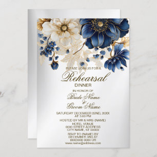 Wedding Rehearsal Dinner Navy Blue White Floral Invitation