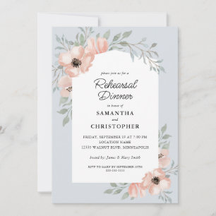 Wedding Rehearsal  Dinner Peach Flowers Dusty Blue Invitation