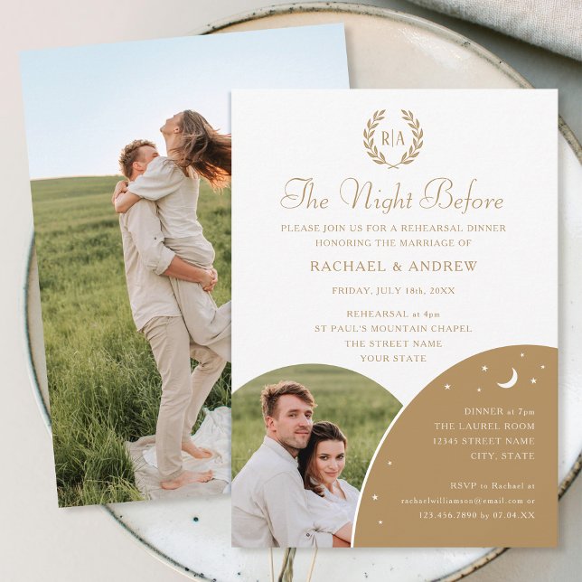 Wedding Rehearsal Dinner Photo Monogram Gold White Invitation (Creator Uploaded)