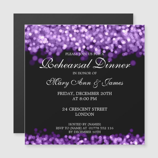 Wedding Rehearsal Dinner Purple Lights Magnetic Invitation (Front/Back)