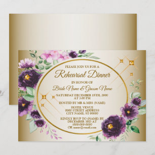 Wedding Rehearsal Dinner Purple Pink Floral Gold Invitation