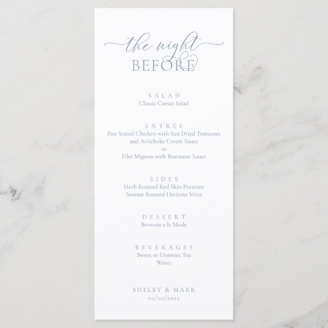 Wedding Rehearsal Dinner, Romantic Dusty Blue Menu (Front)