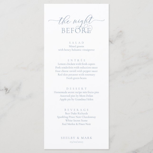 Wedding Rehearsal Dinner, Romantic Dusty Blue Menu (Front)