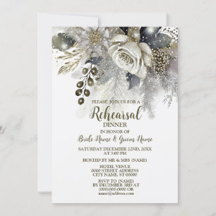 Wedding Rehearsal Dinner Silver Golden White Roses Invitation
