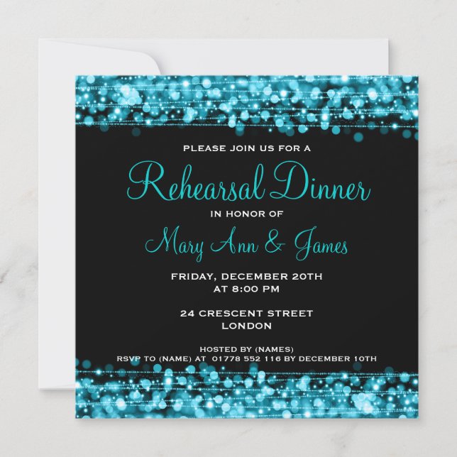 Wedding Rehearsal Dinner Sparkles Turquoise Invitation (Front)