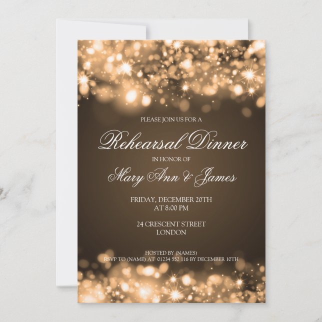 Wedding Rehearsal Dinner Sparkling Lights Gold Invitation (Front)