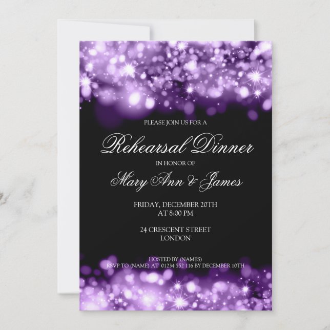 Wedding Rehearsal Dinner Sparkling Lights Purple Invitation (Front)