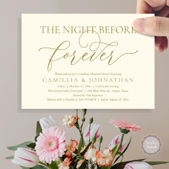 Wedding Rehearsal Dinner, The Night Before Forever Invitation (The Night Before Forever Wedding Rehearsal Dinner Romantic Classy Invites Card PDF in Yellow Gold)