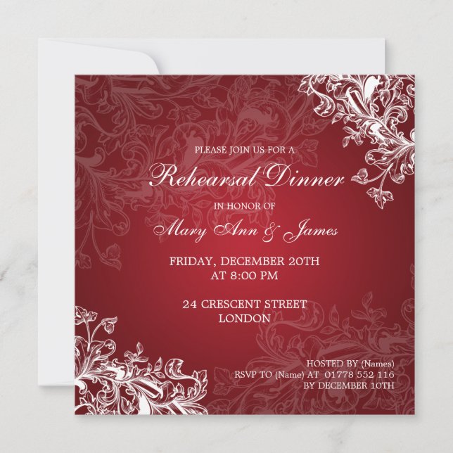 Wedding Rehearsal Dinner Vintage Swirls Red Invitation (Front)