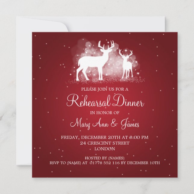 Wedding Rehearsal Dinner Winter Deer Sparkle Red Invitation (Front)