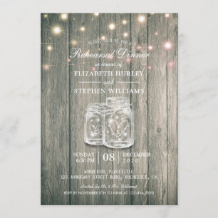 Wedding Rehearsal Dinner Wood Jars String Lights Invitation