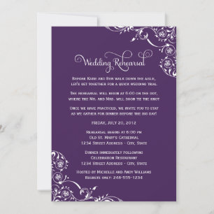 Wedding Rehearsal   Elegant Scrolls Dark Purple Invitation