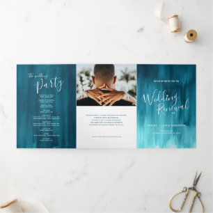 Wedding renewal ceremony teal abstract art Tri-Fold programme