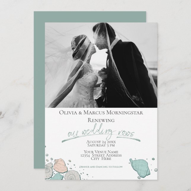 Wedding Renewal Modern Seashell Coral Teal Invitation (Front/Back)