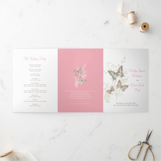 Wedding renewal program pink brown butterflies Tri-Fold programme (Outside)