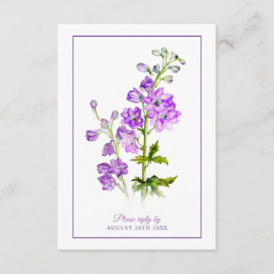 Wedding reply purple delphinium flowers border enclosure card